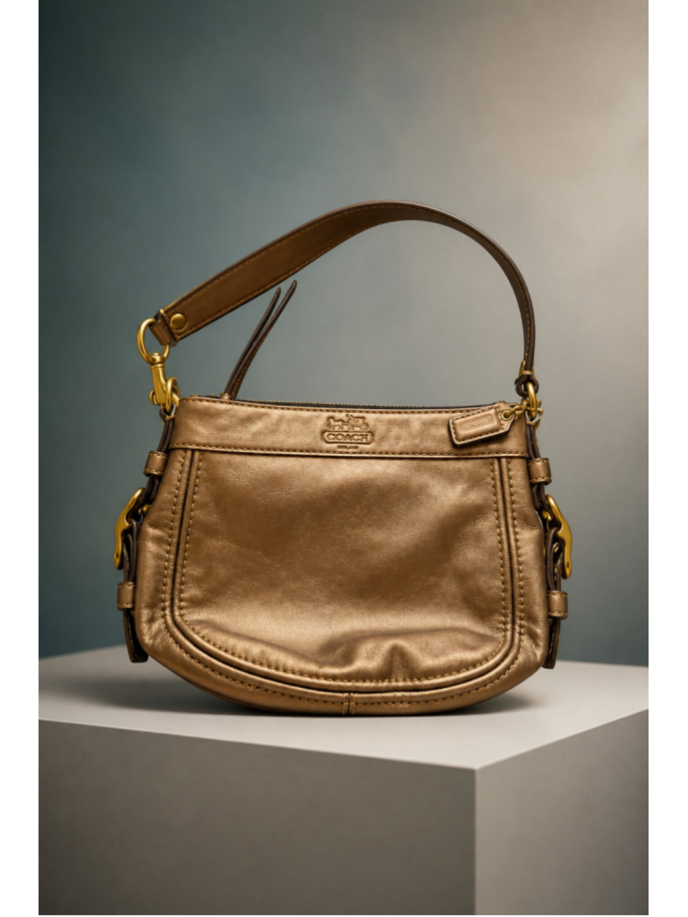Vintage Coach Metallic Bronze Leather Mini Zoe Hobo Shoulder Bag 41864j
